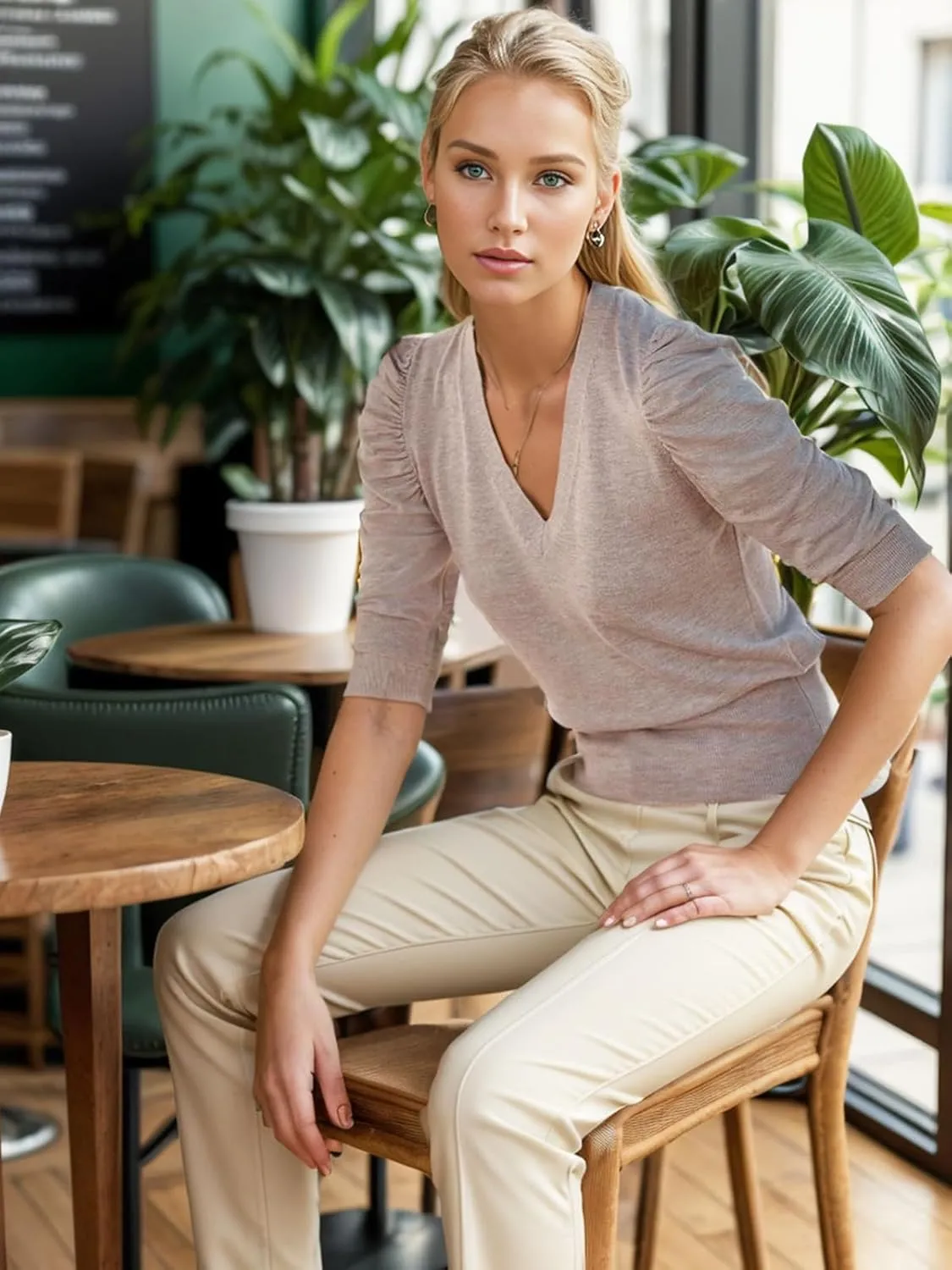 Women's Spring V Neck Puff Sleeve Sweater Pullovers Lightweight Work Ofiice Knitted Tunic Tops
