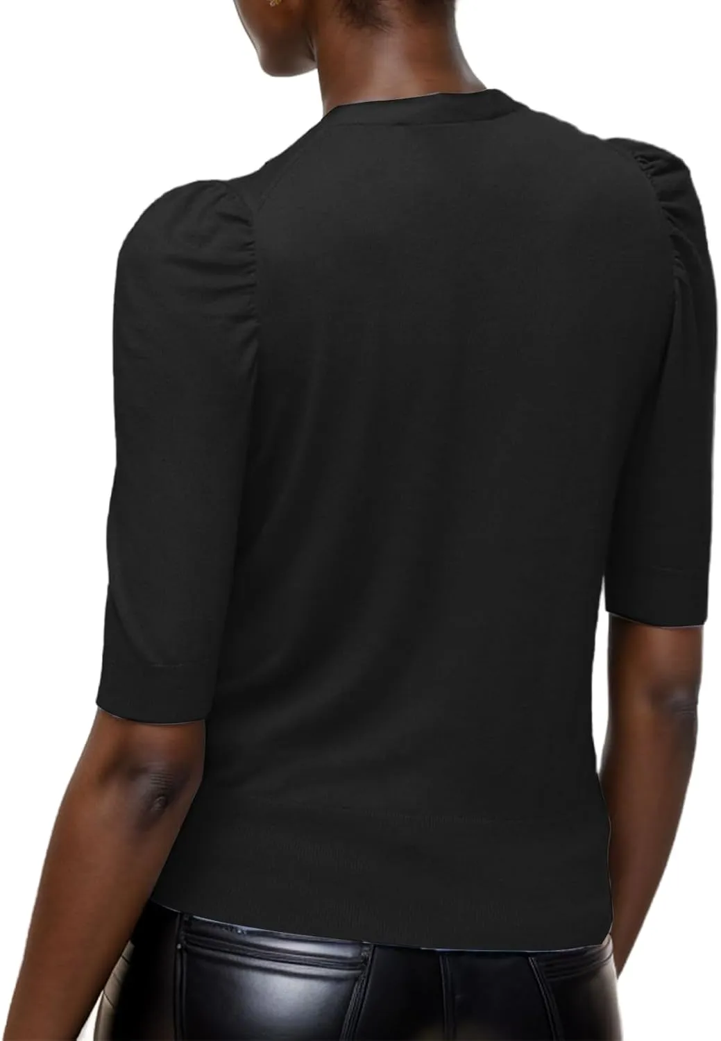 Women's Spring V Neck Puff Sleeve Sweater Pullovers Lightweight Work Ofiice Knitted Tunic Tops