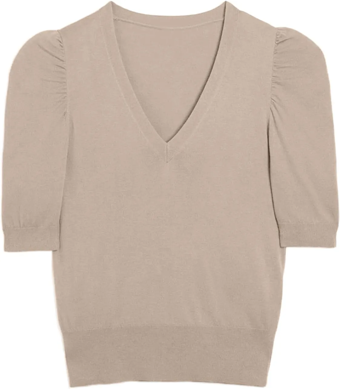Women's Spring V Neck Puff Sleeve Sweater Pullovers Lightweight Work Ofiice Knitted Tunic Tops