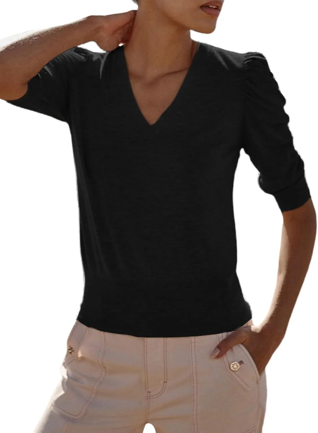 Women's Spring V Neck Puff Sleeve Sweater Pullovers Lightweight Work Ofiice Knitted Tunic Tops