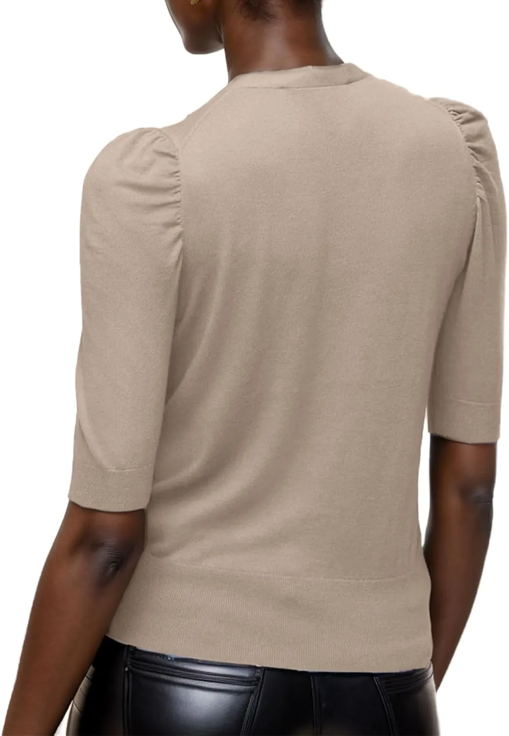 Women's Spring V Neck Puff Sleeve Sweater Pullovers Lightweight Work Ofiice Knitted Tunic Tops