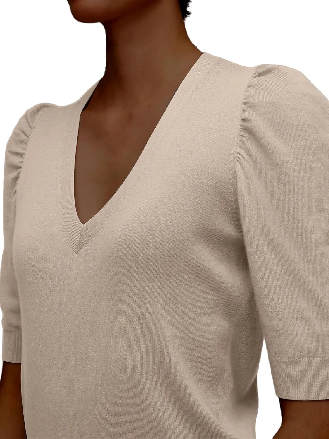 Women's Spring V Neck Puff Sleeve Sweater Pullovers Lightweight Work Ofiice Knitted Tunic Tops