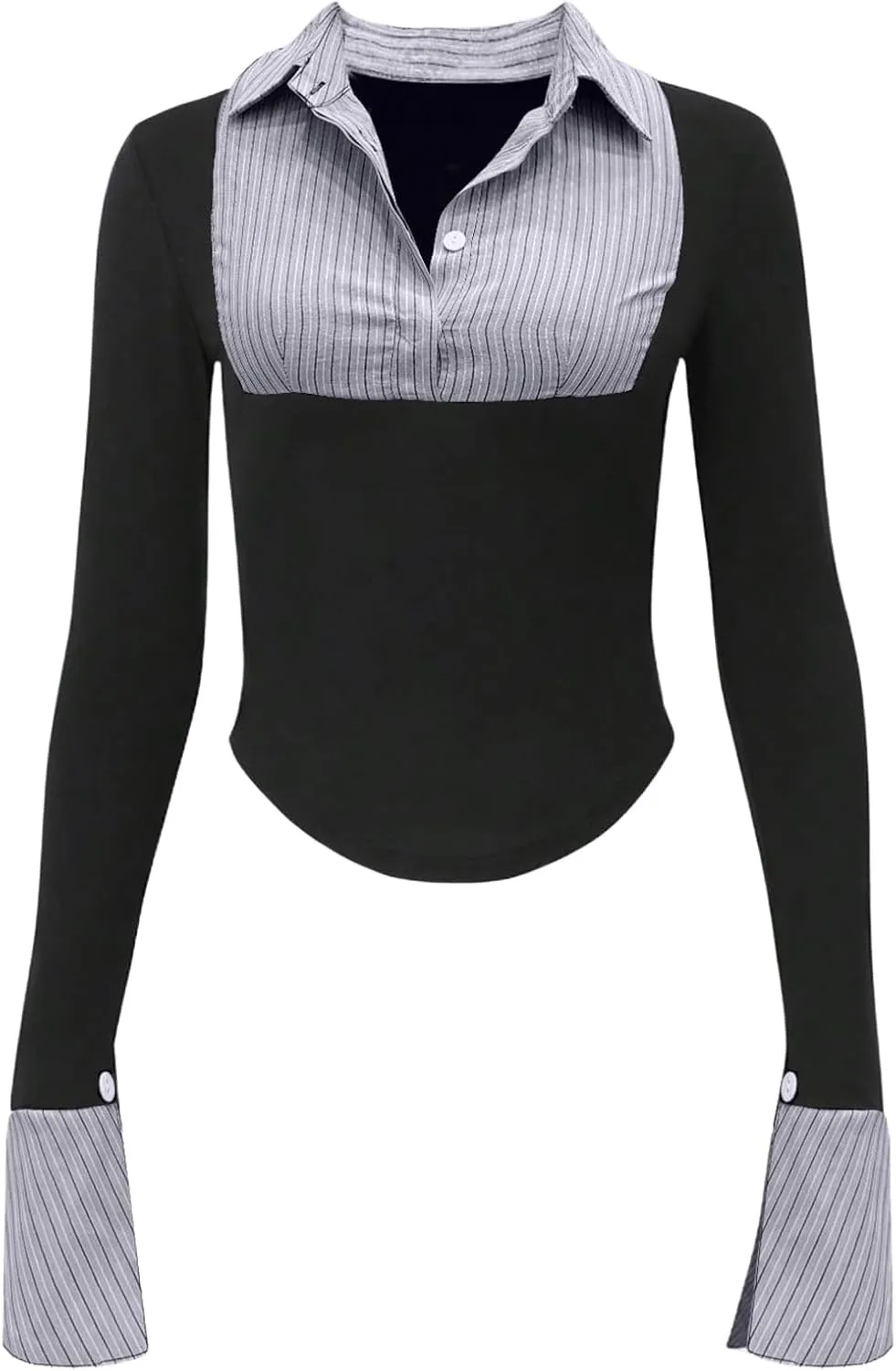 Women's Striped Button Front Collared Blouse Shirts Long Sleeve Slim Fit Asymmetrical Hem Work Tops