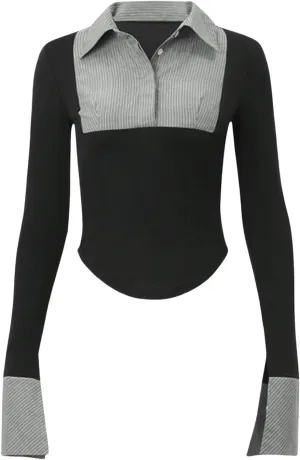 Women's Striped Button Front Collared Blouse Shirts Long Sleeve Slim Fit Asymmetrical Hem Work Tops