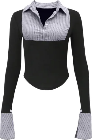 Women's Striped Button Front Collared Blouse Shirts Long Sleeve Slim Fit Asymmetrical Hem Work Tops