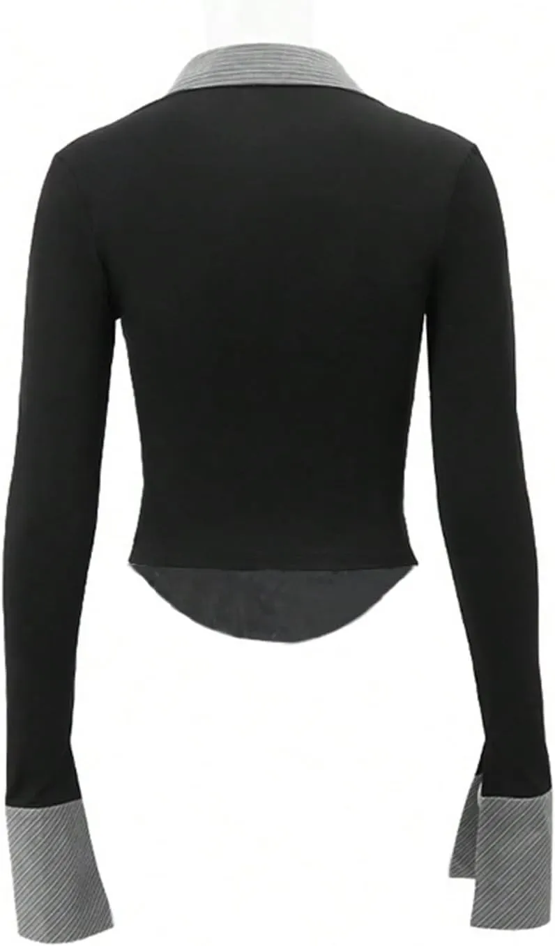 Women's Striped Button Front Collared Blouse Shirts Long Sleeve Slim Fit Asymmetrical Hem Work Tops
