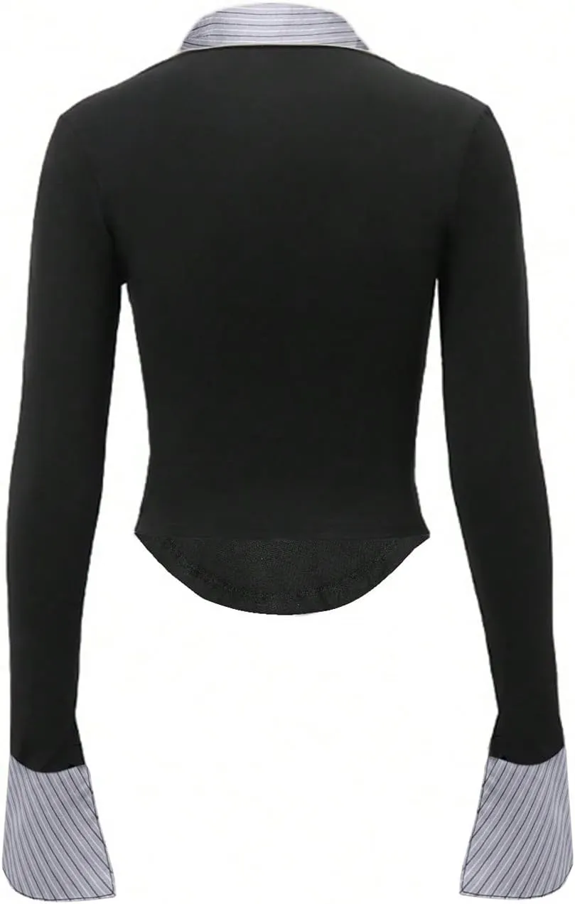 Women's Striped Button Front Collared Blouse Shirts Long Sleeve Slim Fit Asymmetrical Hem Work Tops