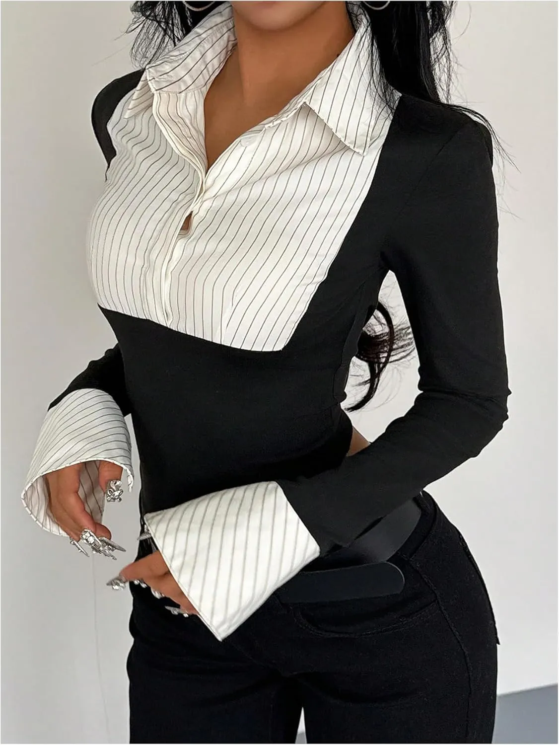 Women's Striped Button Front Collared Blouse Shirts Long Sleeve Slim Fit Asymmetrical Hem Work Tops