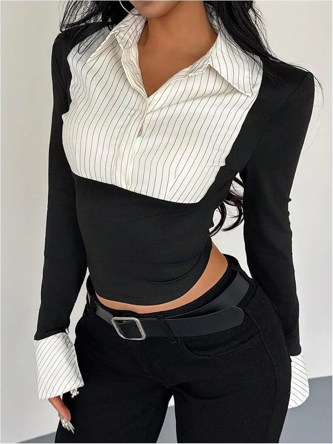 Women's Striped Button Front Collared Blouse Shirts Long Sleeve Slim Fit Asymmetrical Hem Work Tops