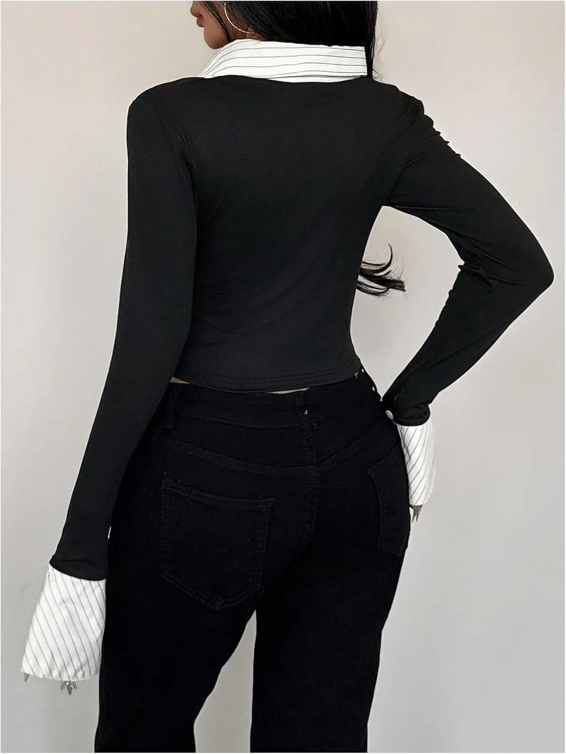 Women's Striped Button Front Collared Blouse Shirts Long Sleeve Slim Fit Asymmetrical Hem Work Tops