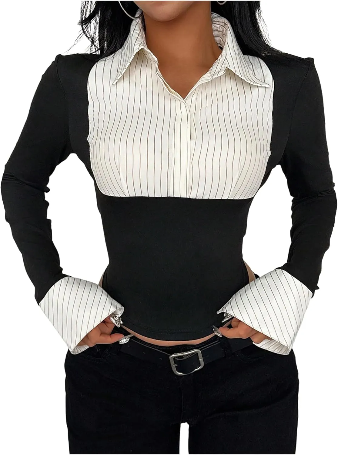 Women's Striped Button Front Collared Blouse Shirts Long Sleeve Slim Fit Asymmetrical Hem Work Tops