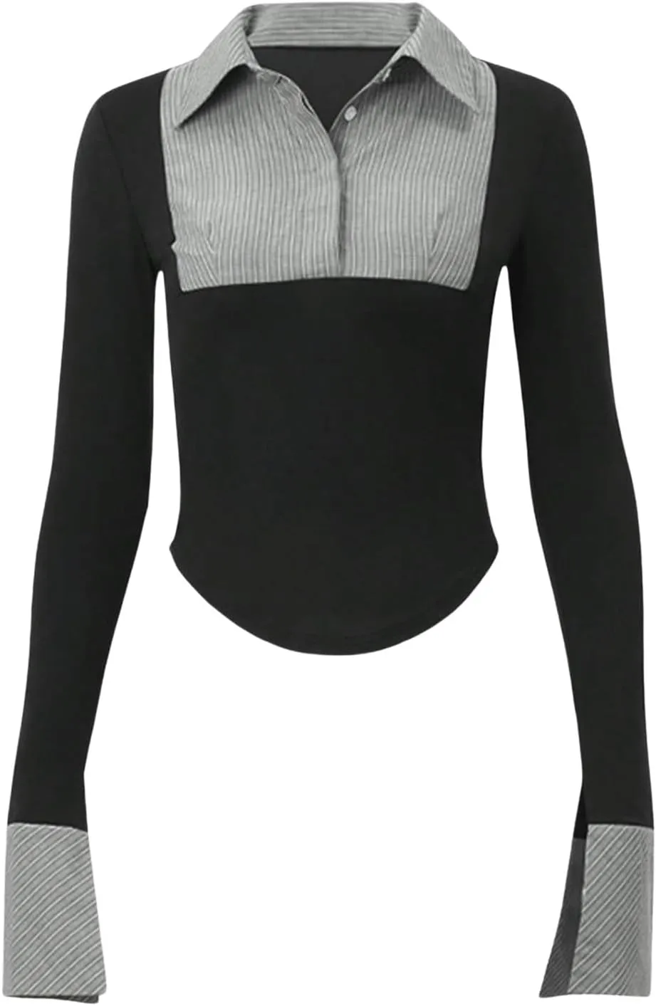 Women's Striped Button Front Collared Blouse Shirts Long Sleeve Slim Fit Asymmetrical Hem Work Tops