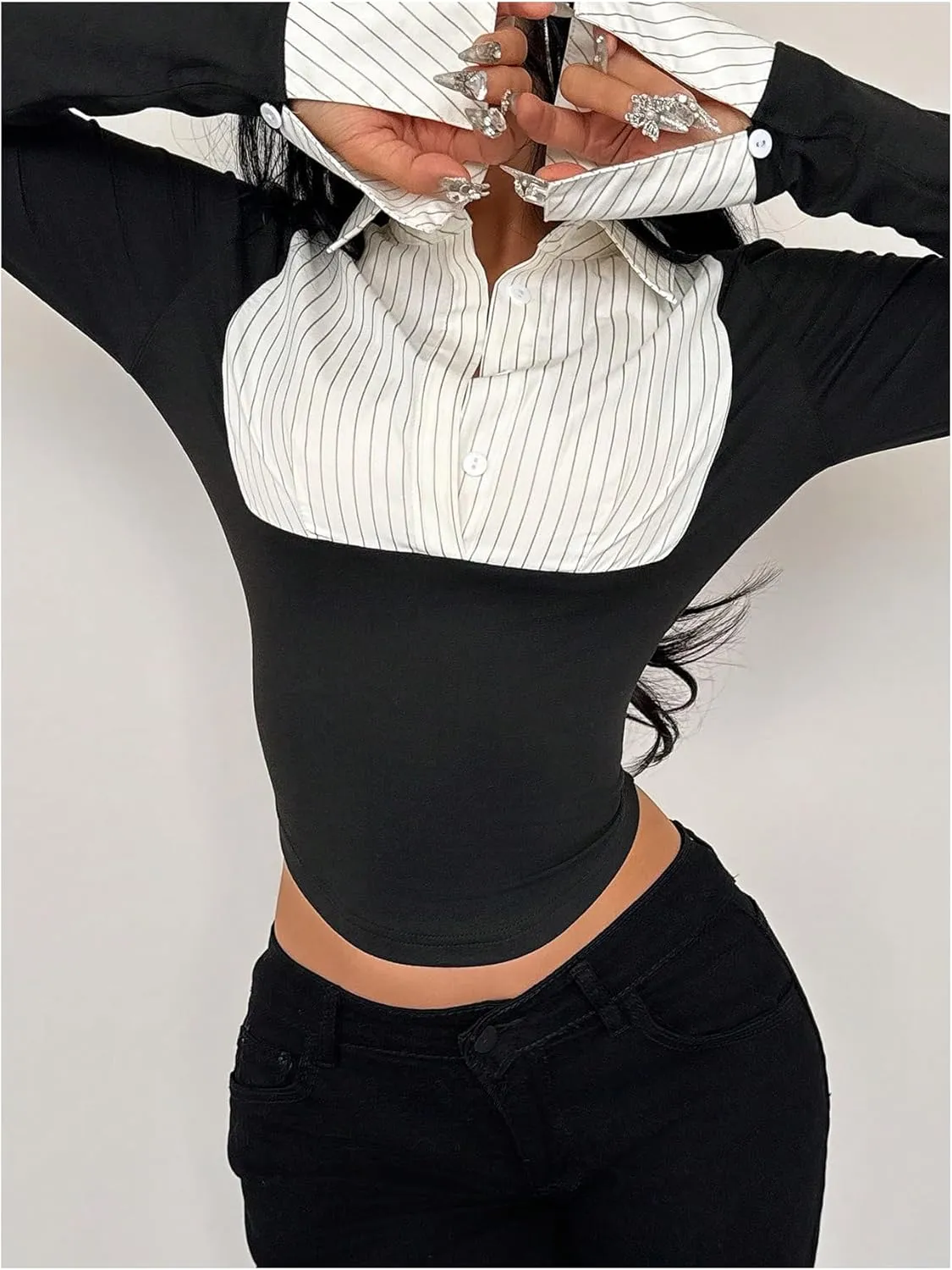 Women's Striped Button Front Collared Blouse Shirts Long Sleeve Slim Fit Asymmetrical Hem Work Tops