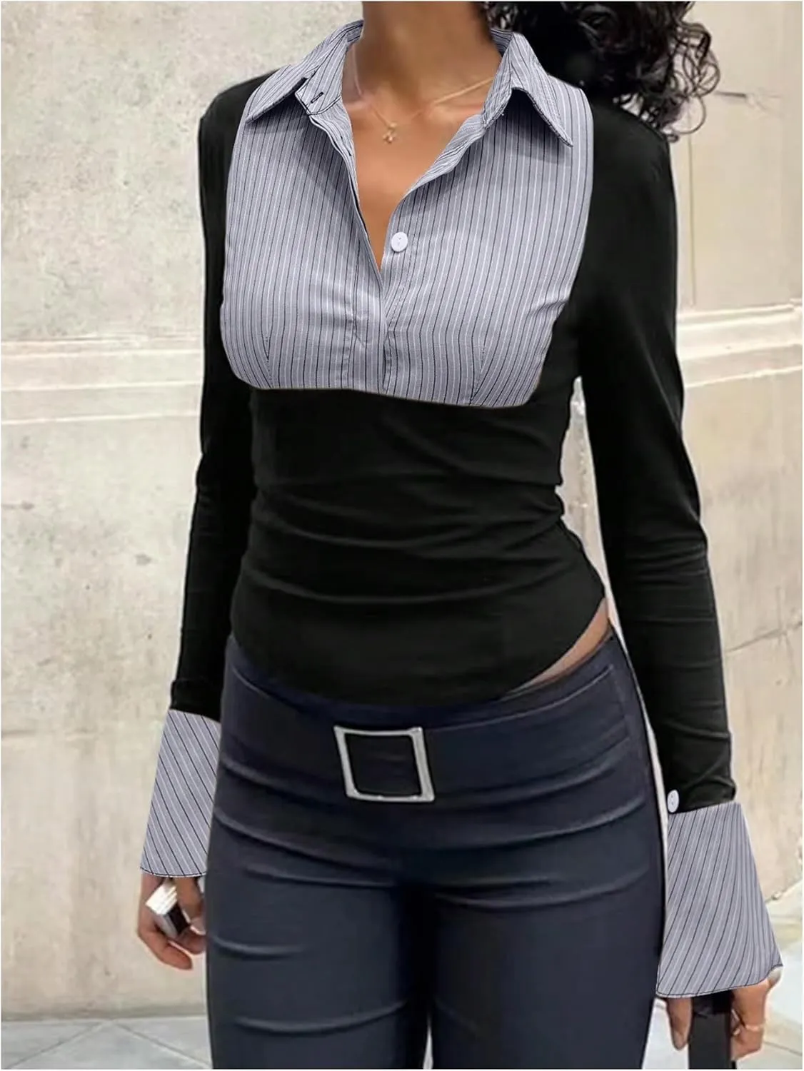 Women's Striped Button Front Collared Blouse Shirts Long Sleeve Slim Fit Asymmetrical Hem Work Tops