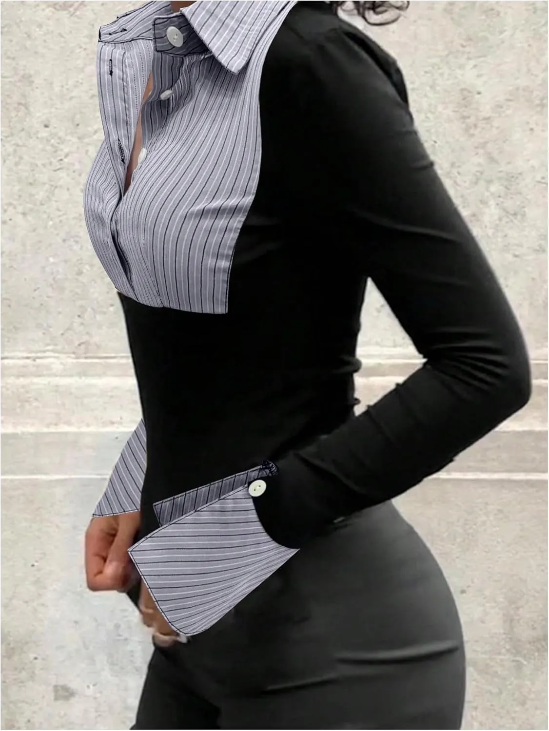 Women's Striped Button Front Collared Blouse Shirts Long Sleeve Slim Fit Asymmetrical Hem Work Tops