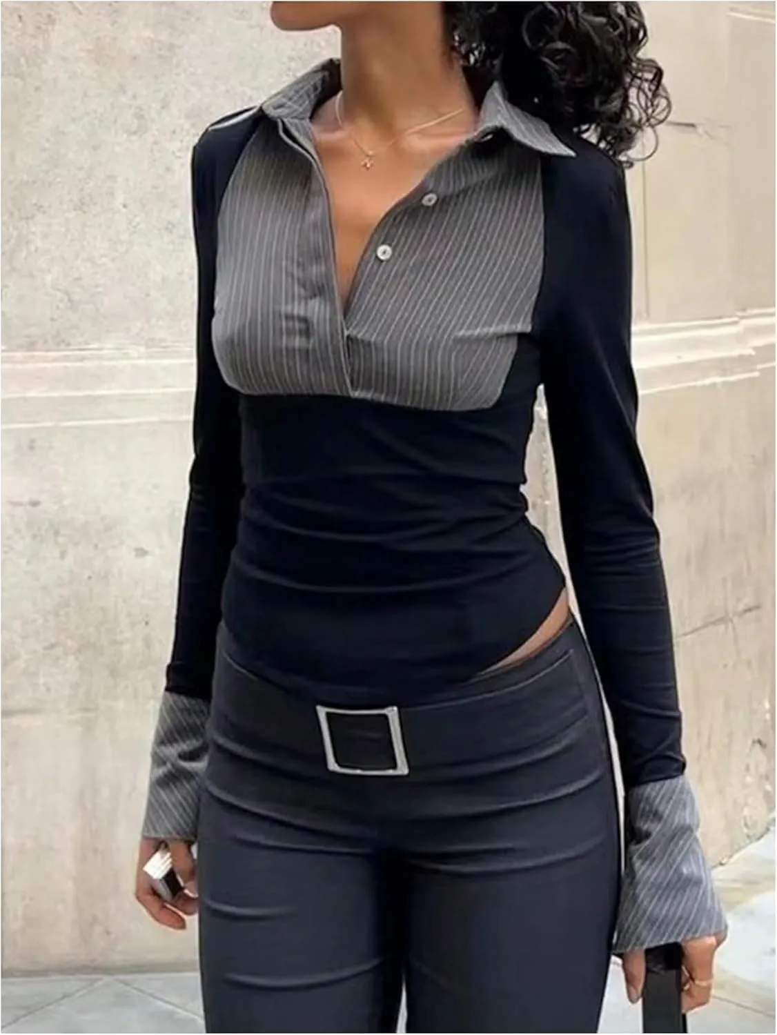 Women's Striped Button Front Collared Blouse Shirts Long Sleeve Slim Fit Asymmetrical Hem Work Tops