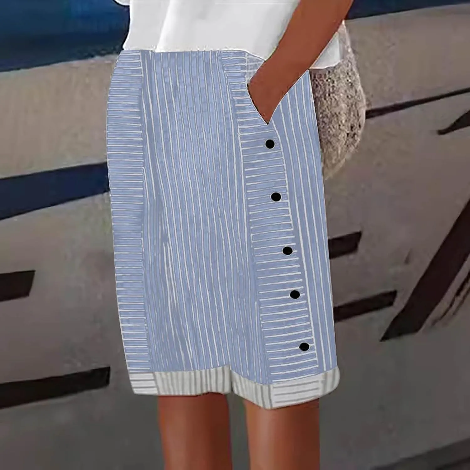 Women's Striped Linen Crop Pants Trendy Wide Leg Side Button Above Knee Fifth Trouser Summer Beach Flowy Casual Short
