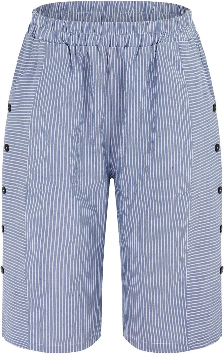 Women's Striped Linen Crop Pants Trendy Wide Leg Side Button Above Knee Fifth Trouser Summer Beach Flowy Casual Short