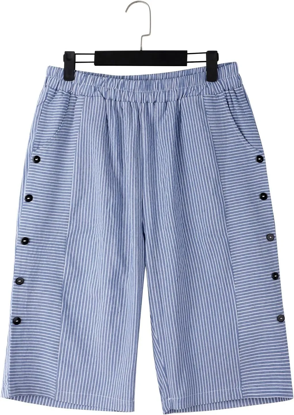 Women's Striped Linen Crop Pants Trendy Wide Leg Side Button Above Knee Fifth Trouser Summer Beach Flowy Casual Short
