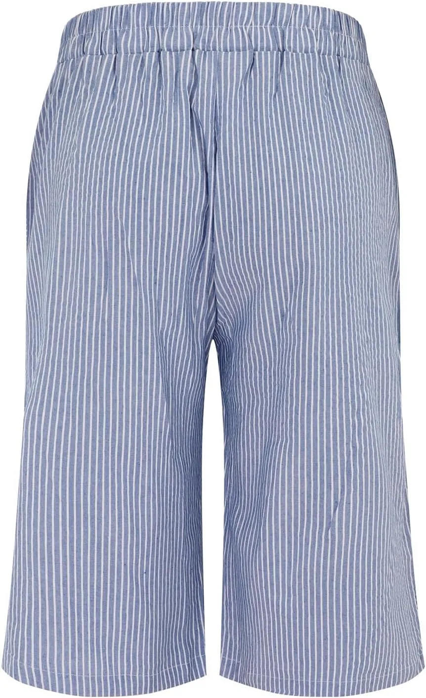 Women's Striped Linen Crop Pants Trendy Wide Leg Side Button Above Knee Fifth Trouser Summer Beach Flowy Casual Short