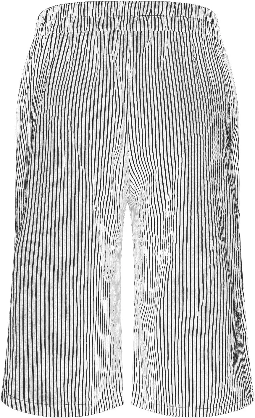 Women's Striped Linen Crop Pants Trendy Wide Leg Side Button Above Knee Fifth Trouser Summer Beach Flowy Casual Short