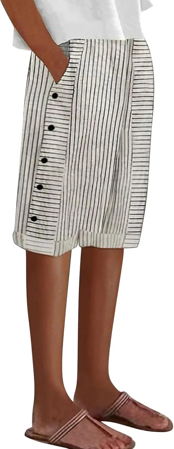 Women's Striped Linen Crop Pants Trendy Wide Leg Side Button Above Knee Fifth Trouser Summer Beach Flowy Casual Short