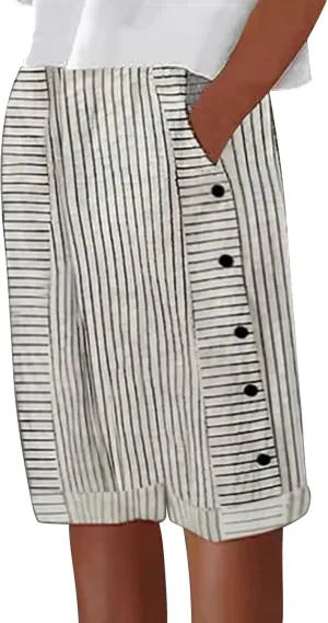 Women's Striped Linen Crop Pants Trendy Wide Leg Side Button Above Knee Fifth Trouser Summer Beach Flowy Casual Short