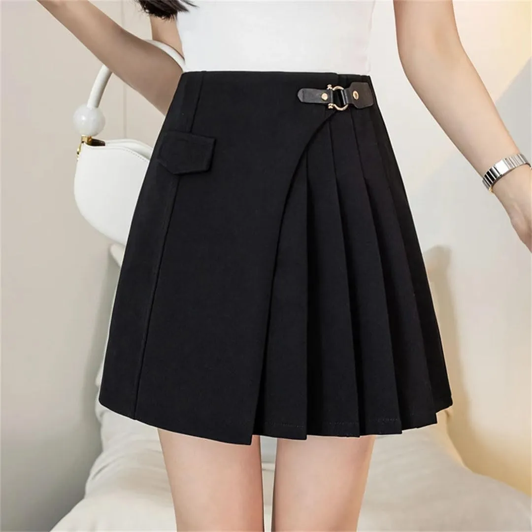 Women's Summer High Waist Pleated Mini Skirts Elegant Office Lady Casual Solid Color A-Line Irregular Skirts