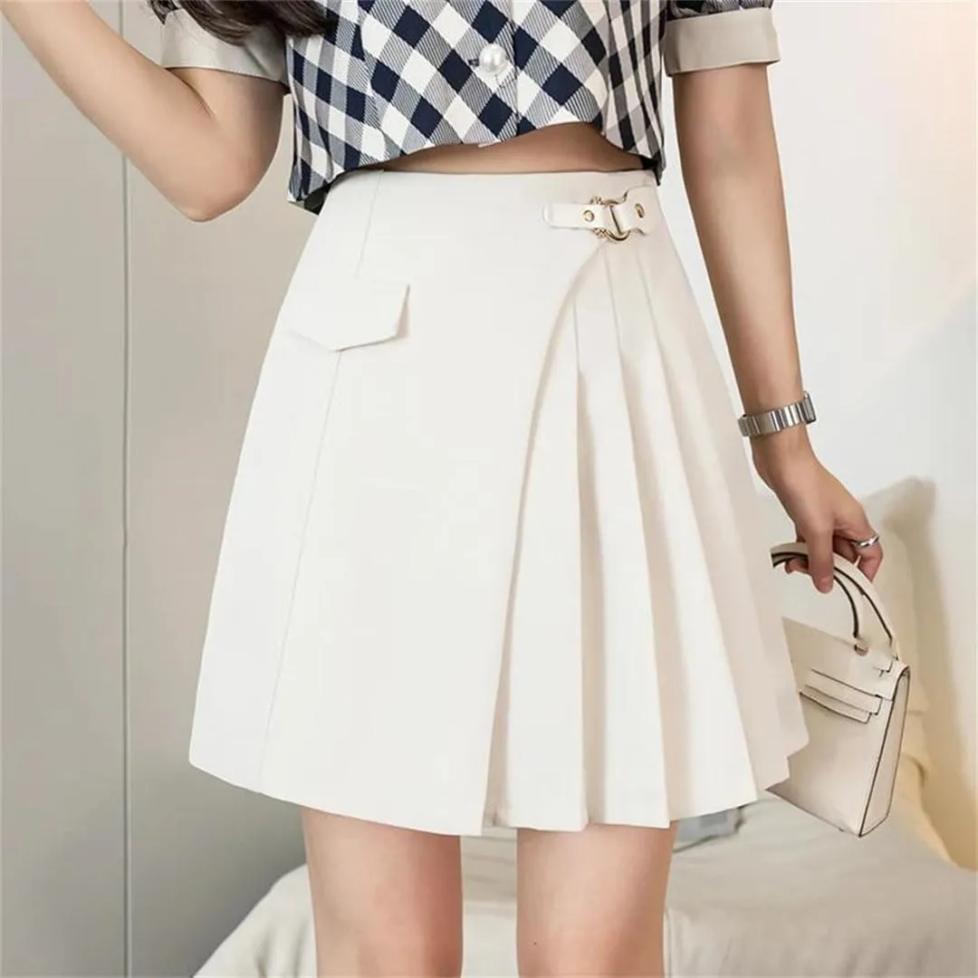 Women's Summer High Waist Pleated Mini Skirts Elegant Office Lady Casual Solid Color A-Line Irregular Skirts