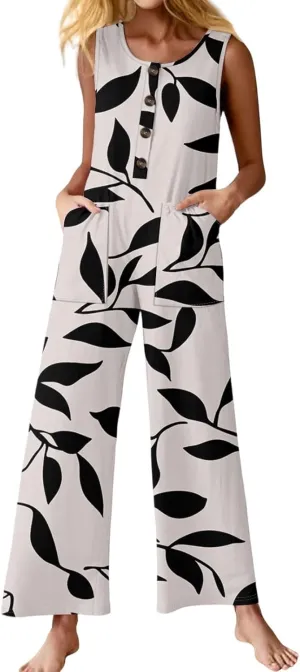 Women's Summer Jumpsuits Floral Print Boho Romper Loose Wide Leg Baggy Long Overalls Sleeveless Straps Bib Pants