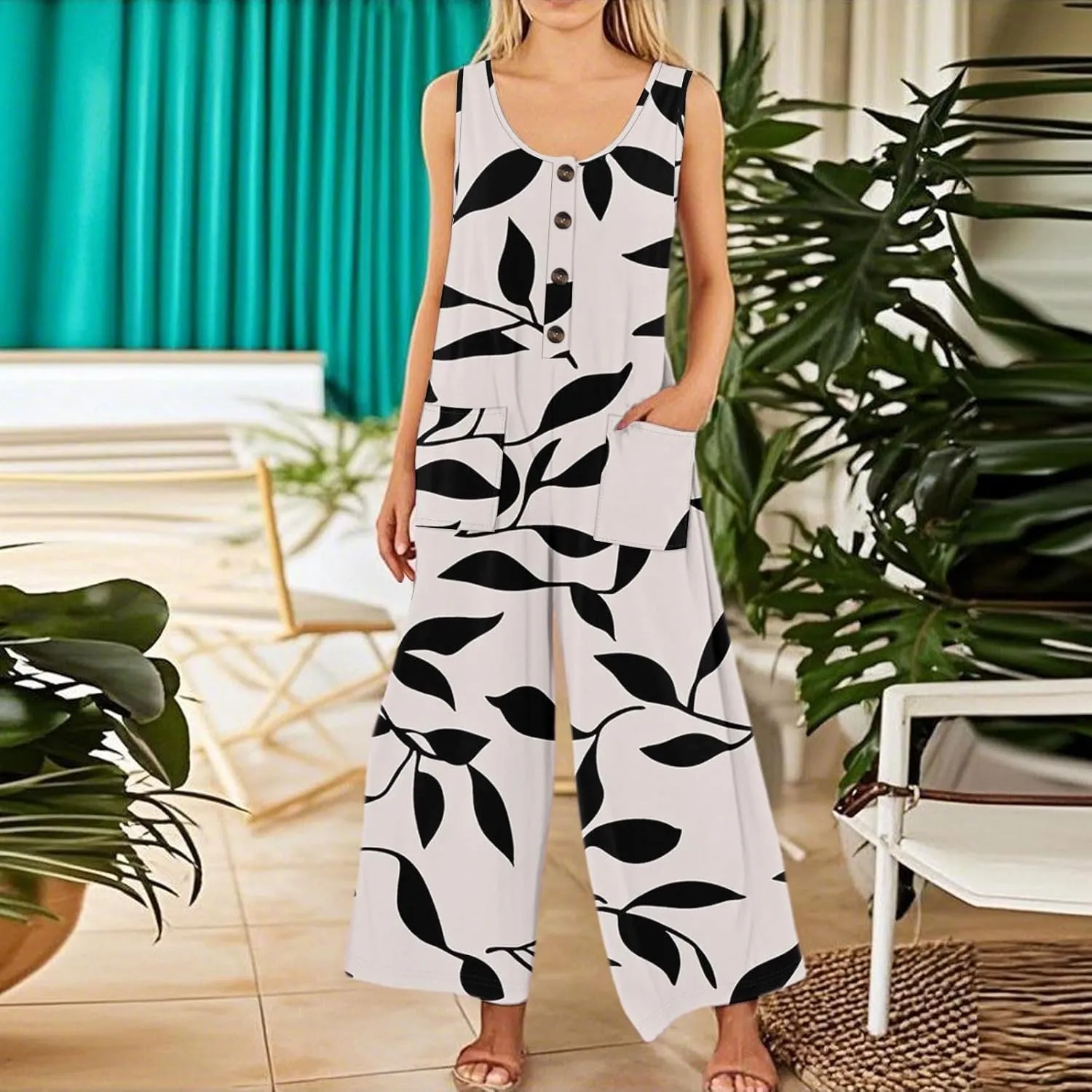 Women's Summer Jumpsuits Floral Print Boho Romper Loose Wide Leg Baggy Long Overalls Sleeveless Straps Bib Pants