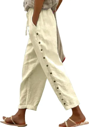 Women's Summer Linen Casual Pants Stretchy Waistband Side Button Down Trouser Stylish Outdoor Travel Home Lounge Pant
