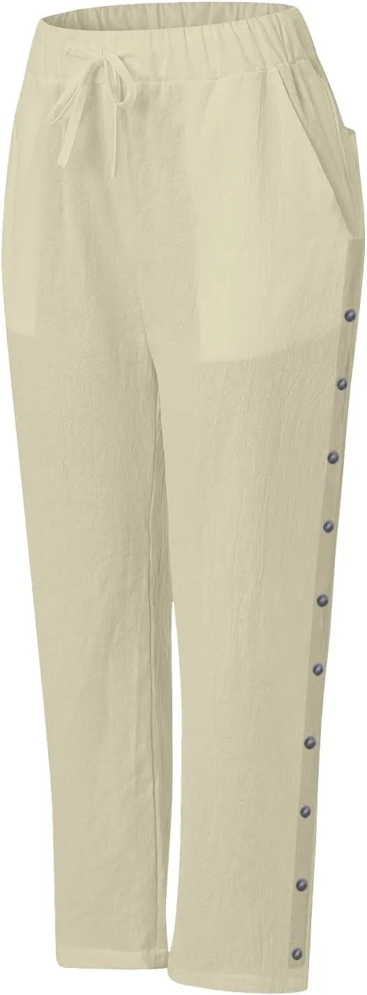 Women's Summer Linen Casual Pants Stretchy Waistband Side Button Down Trouser Stylish Outdoor Travel Home Lounge Pant