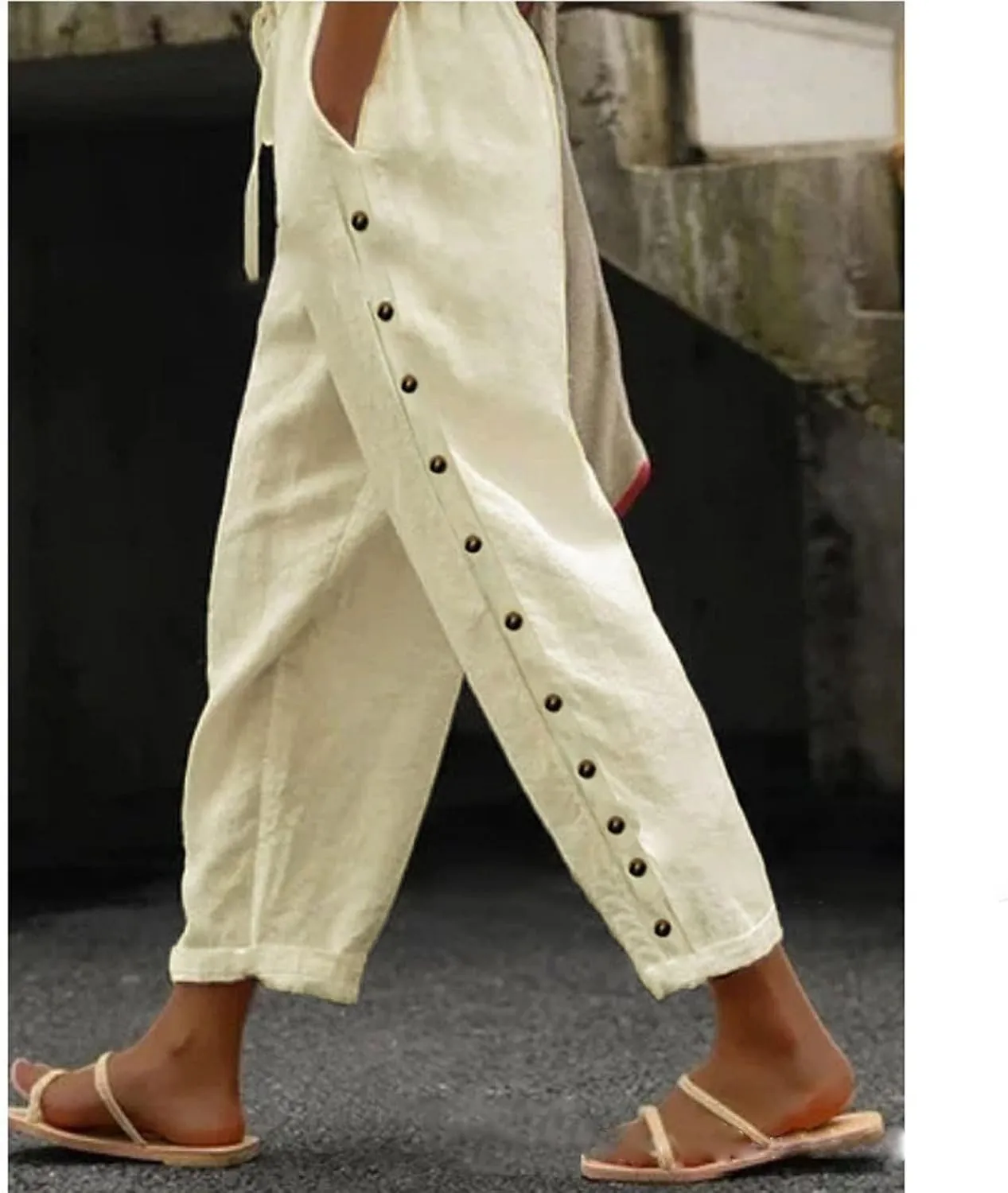 Women's Summer Linen Casual Pants Stretchy Waistband Side Button Down Trouser Stylish Outdoor Travel Home Lounge Pant