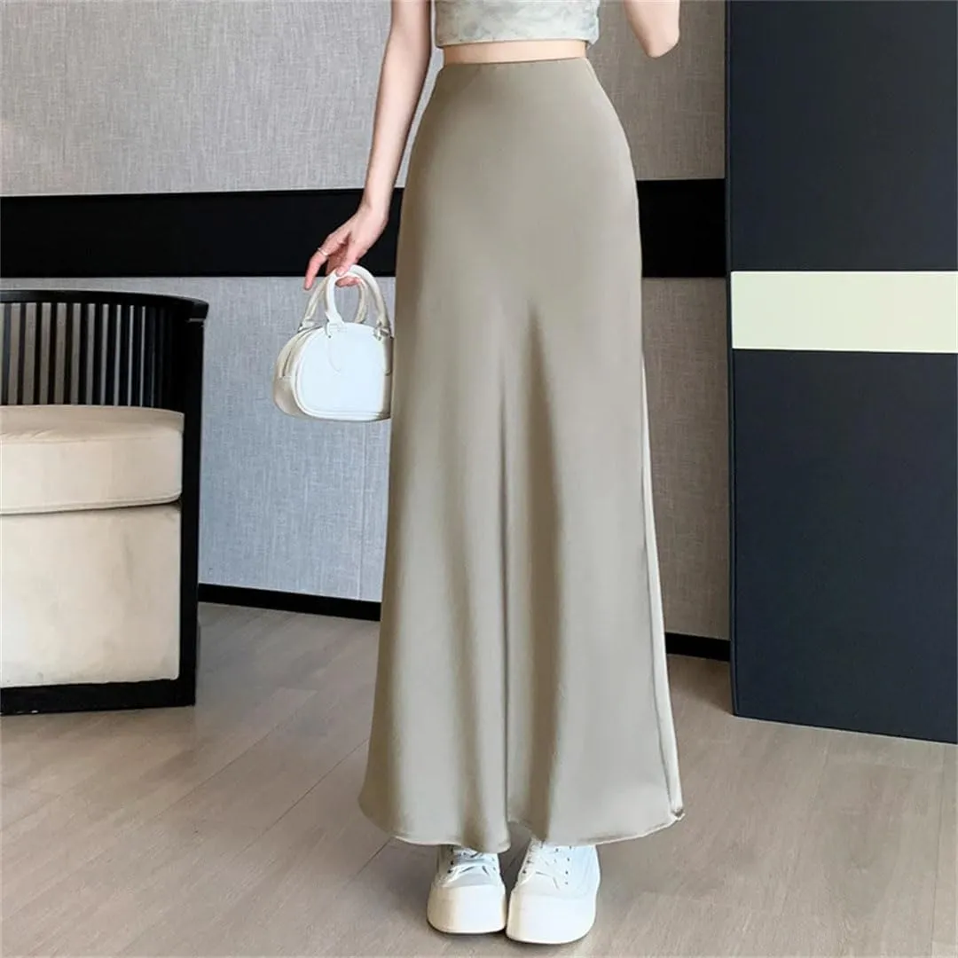 Women's Summer Satin Elegant Office Mid Length Split A-Line Wrapped Fishtail Ankle Length Skirts