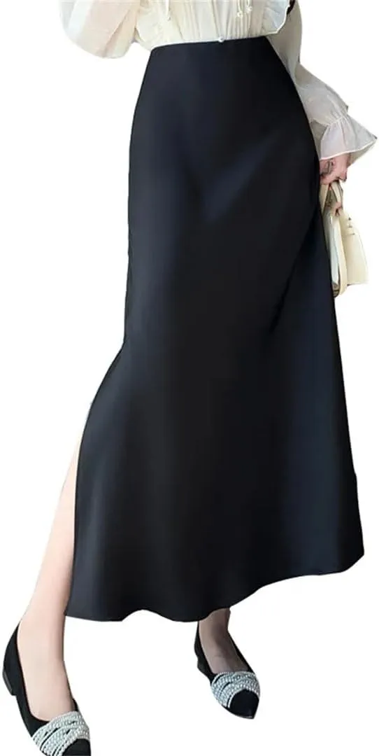 Women's Summer Satin Elegant Office Mid Length Split A-Line Wrapped Fishtail Ankle Length Skirts