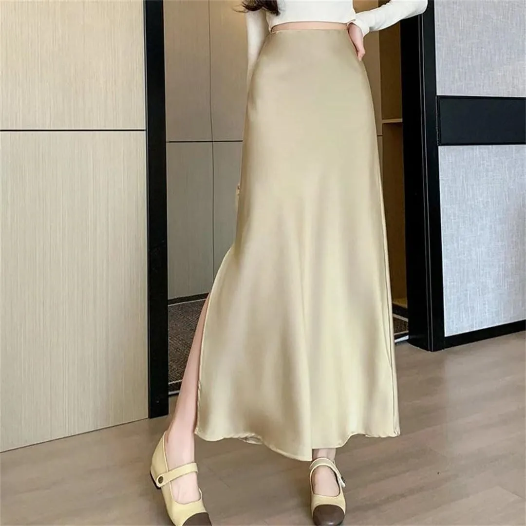 Women's Summer Satin Elegant Office Mid Length Split A-Line Wrapped Fishtail Ankle Length Skirts