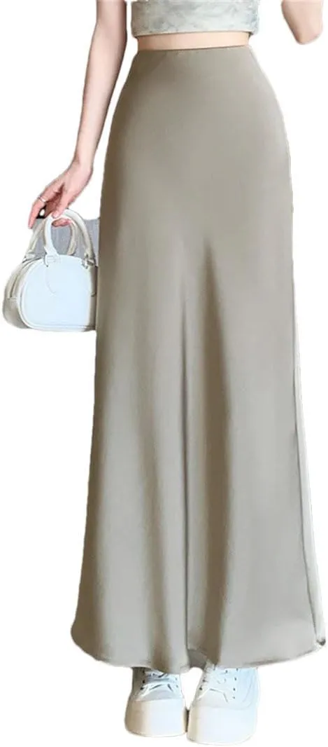 Women's Summer Satin Elegant Office Mid Length Split A-Line Wrapped Fishtail Ankle Length Skirts