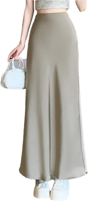 Women's Summer Satin Elegant Office Mid Length Split A-Line Wrapped Fishtail Ankle Length Skirts