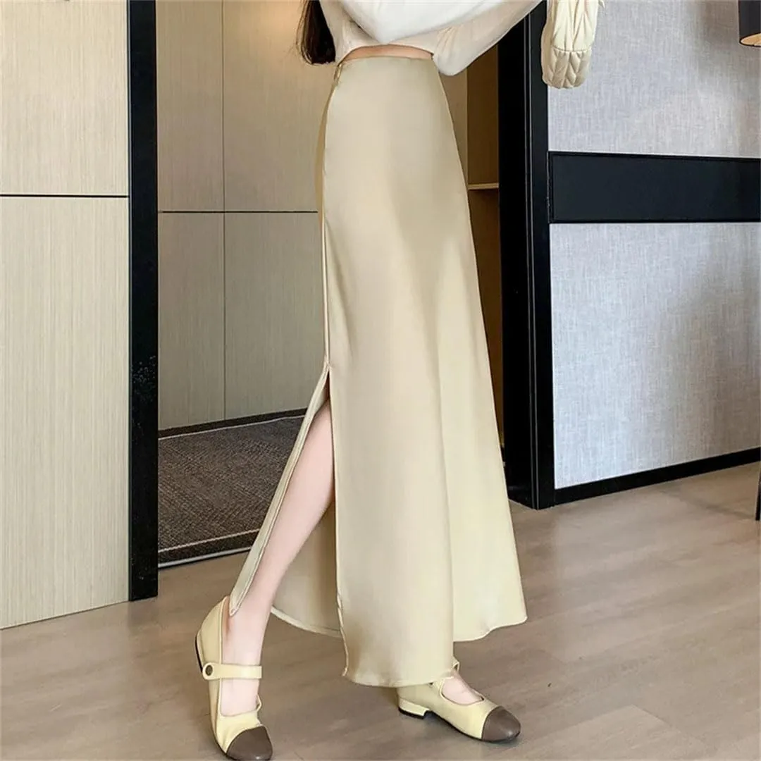 Women's Summer Satin Elegant Office Mid Length Split A-Line Wrapped Fishtail Ankle Length Skirts
