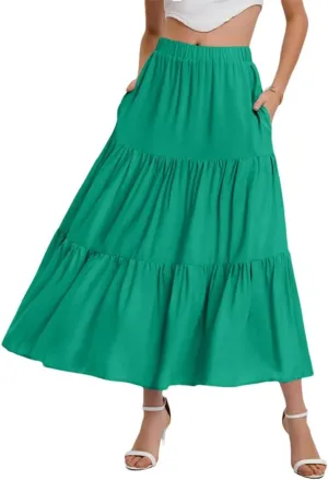Women's Summer Skirt Bohemian Elastic Waist Flowing Ruffles Hem A Line Large Swing Puffy Skirt