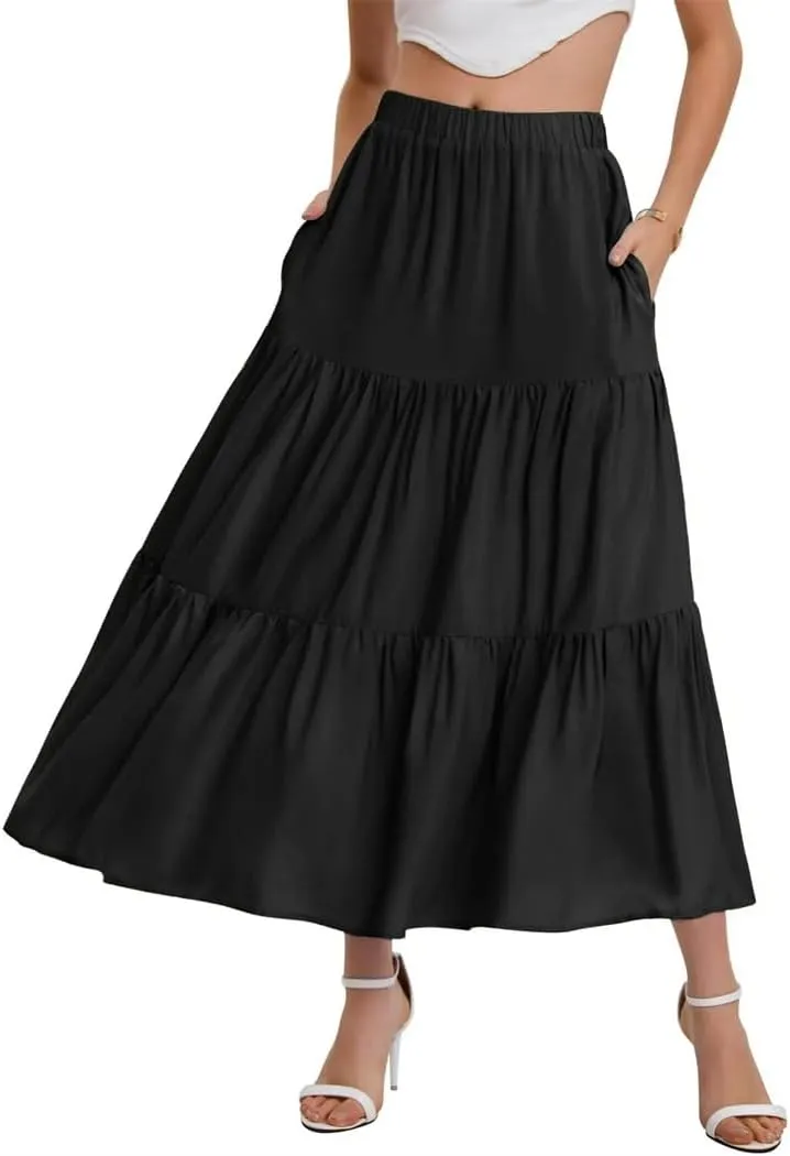 Women's Summer Skirt Bohemian Elastic Waist Flowing Ruffles Hem A Line Large Swing Puffy Skirt