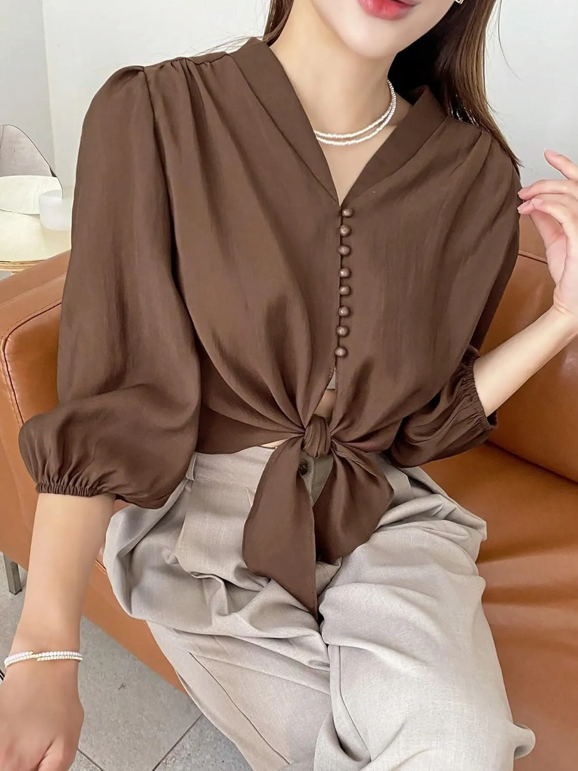 Womens Summer Work Blouse Solid Button Front Knot Hem Crop Blouse Tops