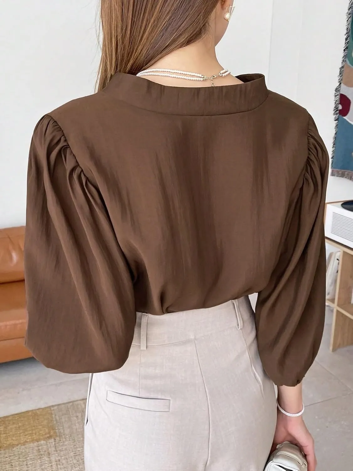 Womens Summer Work Blouse Solid Button Front Knot Hem Crop Blouse Tops