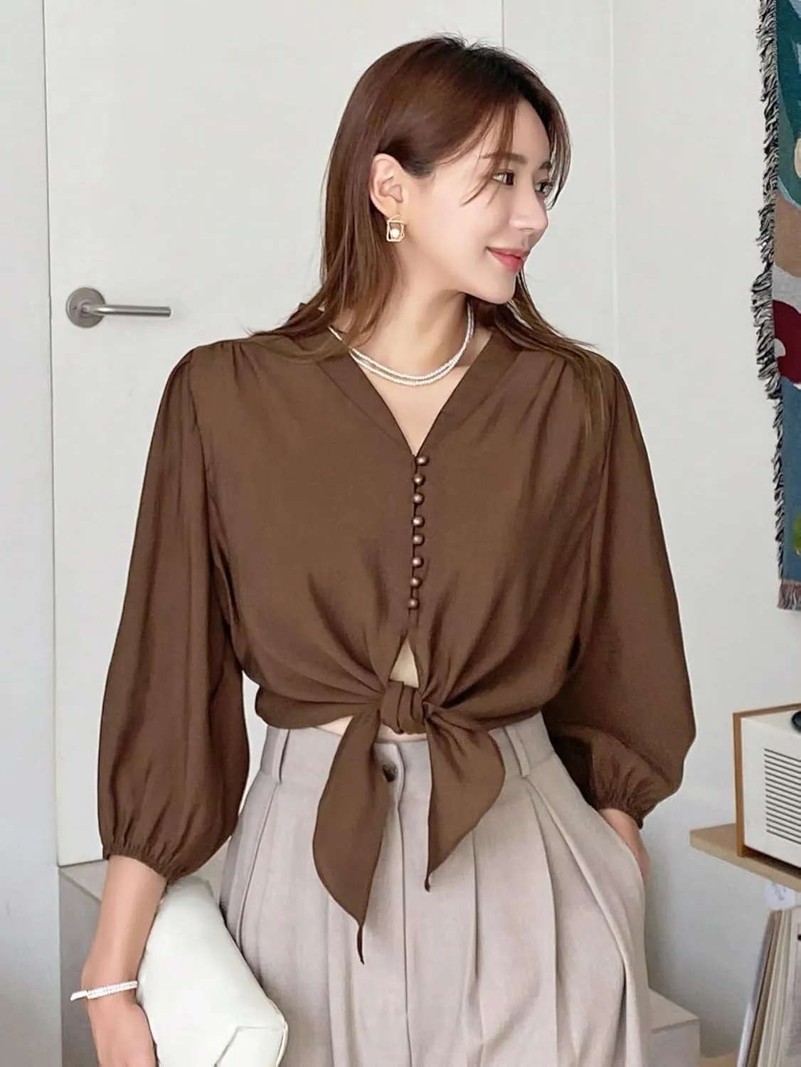 Womens Summer Work Blouse Solid Button Front Knot Hem Crop Blouse Tops