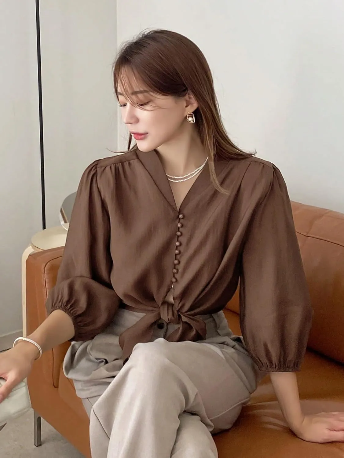 Womens Summer Work Blouse Solid Button Front Knot Hem Crop Blouse Tops