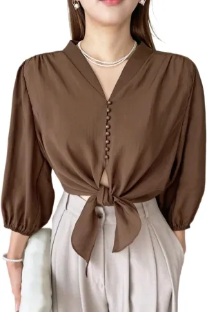Womens Summer Work Blouse Solid Button Front Knot Hem Crop Blouse Tops