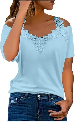 Womens Tops Casual Summer Short Sleeve Lace Neckline Patchwork Fashion T-Shirt Dressy Fashion Loose Blouse 2024 Solid