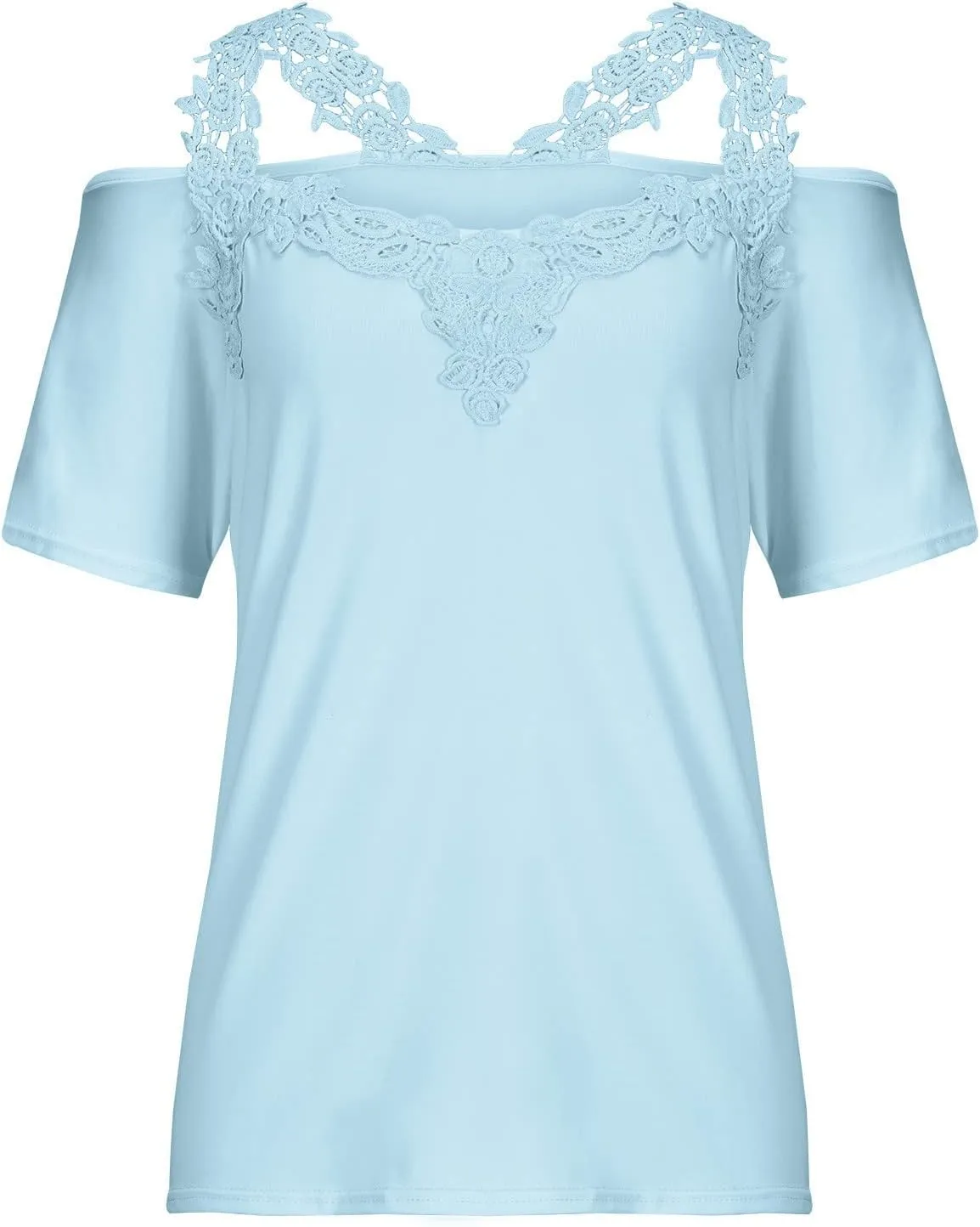 Womens Tops Casual Summer Short Sleeve Lace Neckline Patchwork Fashion T-Shirt Dressy Fashion Loose Blouse 2024 Solid