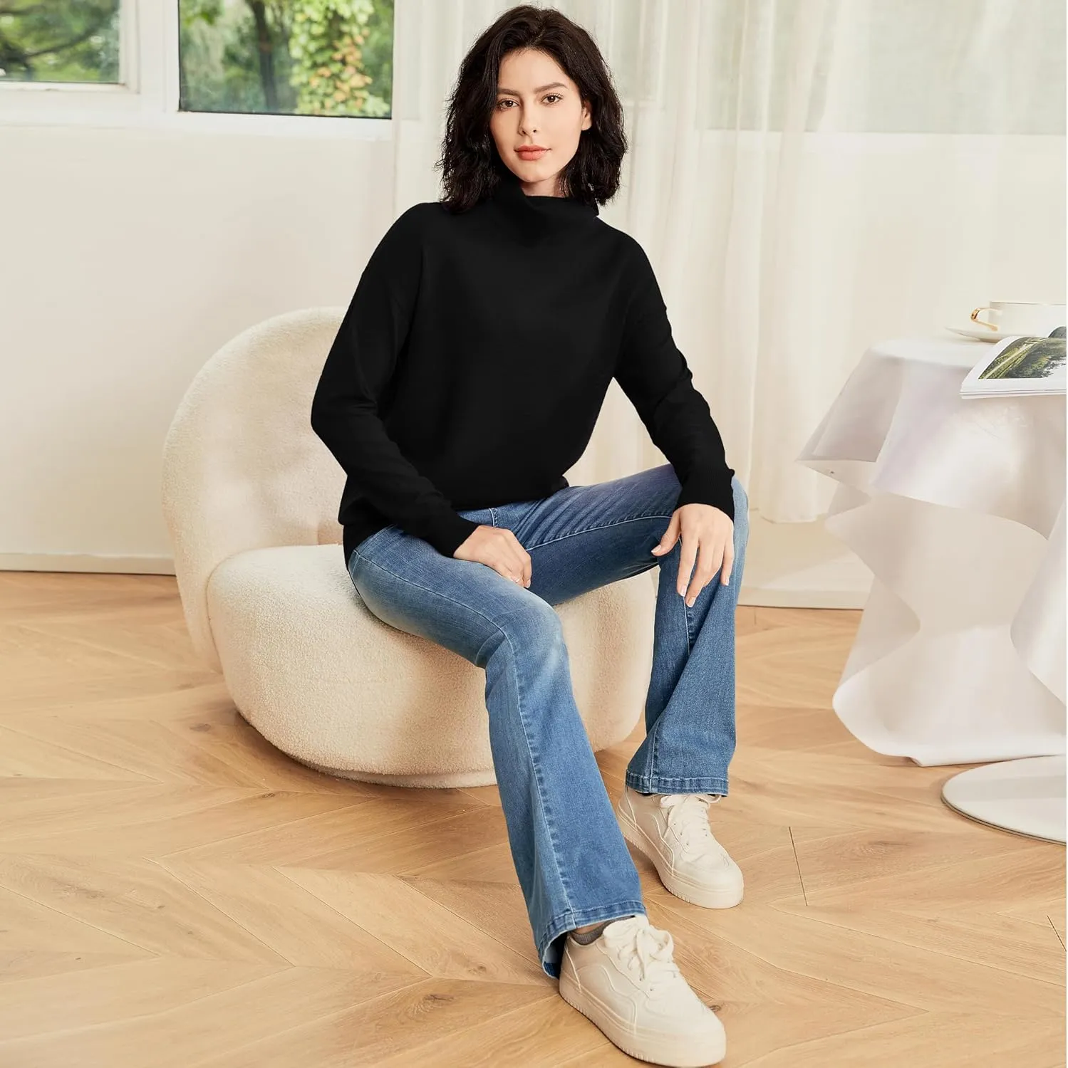 Women's Turtleneck Sweater Long Sleeve Lightweight Pullover Knit Tops